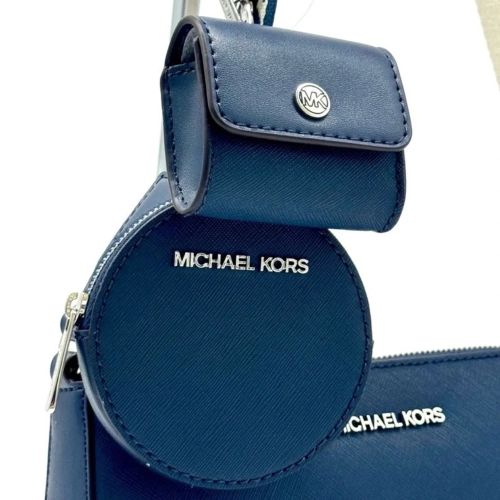 Michael Kors Small Leather Crossbody Bag w Case for Apple Airpods Pro® Navy - Picture 4 of 11